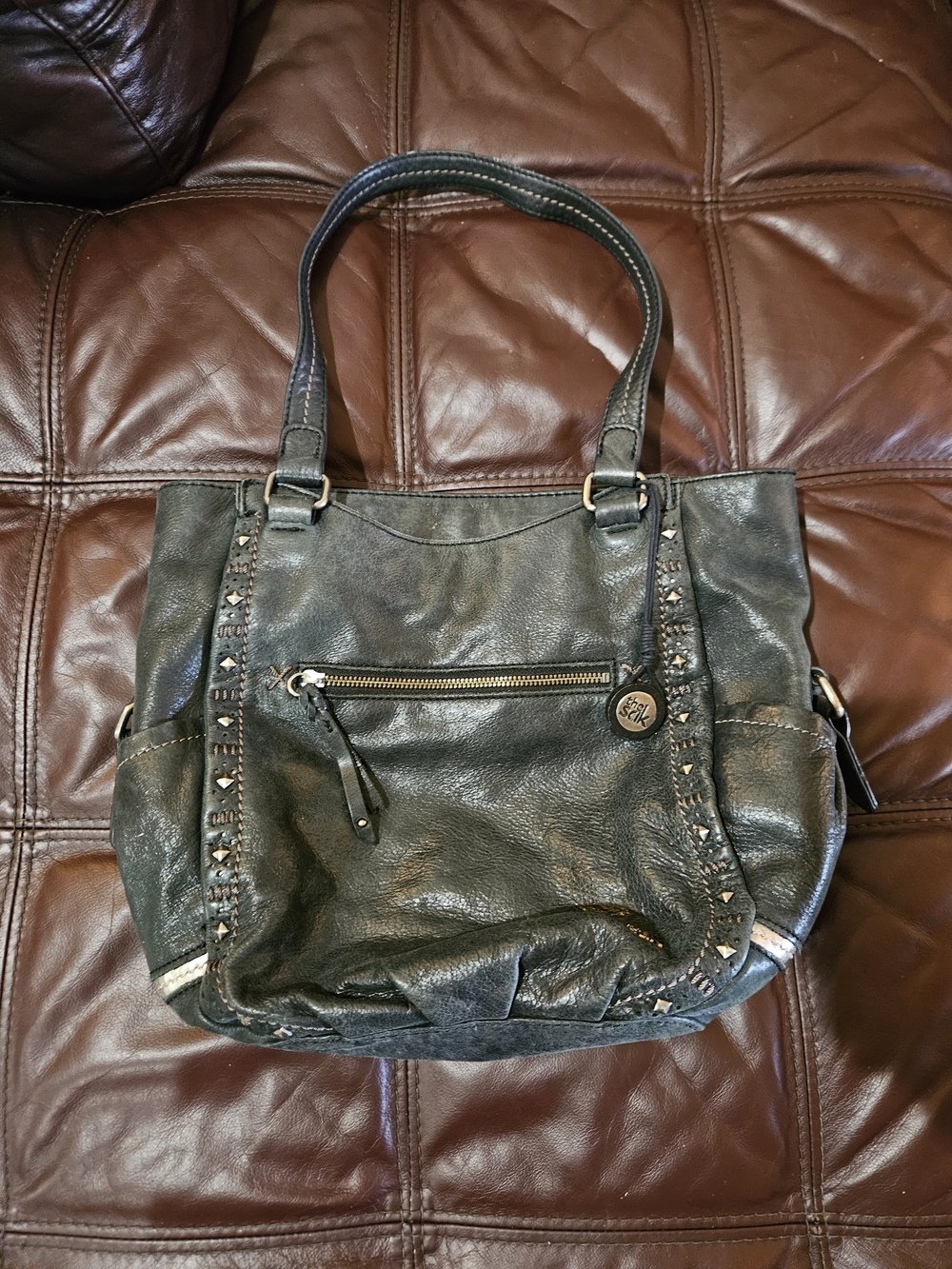 The Sak Black Leather Studded Shoulder Tote